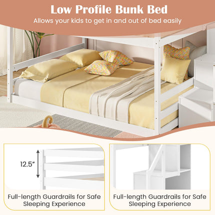 Dreamade Bunk Bed with Stairs, Solid Wood Floor Bunk Bed with Storage Staircase & Full-Length Guardrails