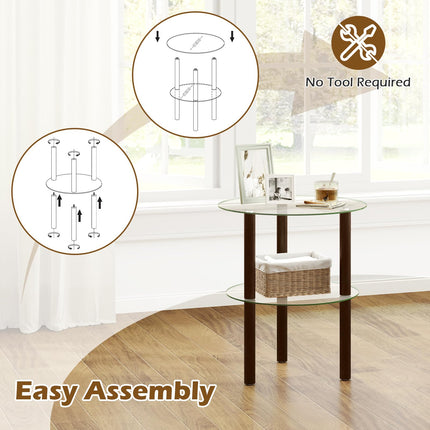 Dreamade Round/Square 2-Tier Sofa Side Table with Clear Tempered Glass Top & Shelf (1/2)