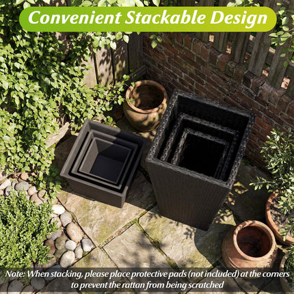Dreamade 3-Piece Wicker Planters Tapered PP Rattan Plant Boxes with Plastic Flower Pots
