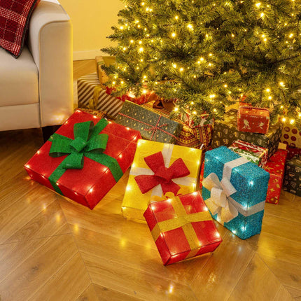 Dreamade 4 Ft Lighted Gift Boxes Stackable, Pre-lit Xmas Boxes Decoration w/LED Lights