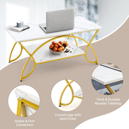 Dreamade 2-Tier Rectangular Coffee Table, Modern Chic Cocktail Table with Open Storage Shelf, White/Gold