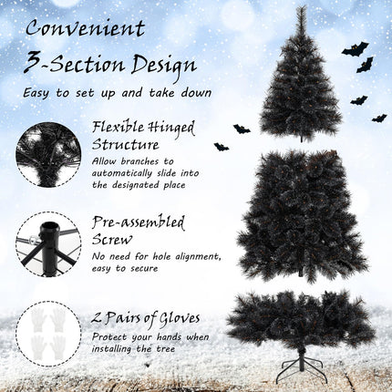 Dreamade 6/7/8 ft Pre-Lit Black Halloween Christmas Tree, Artificial Hinged Xmas Full Tree with 362/572/860 Pine Needles & PVC Branch Tips