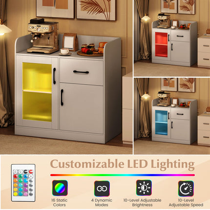 Dreamade RGB LED Buffet Sideboard | White Kitchen Storage Cabinet with Charging Station