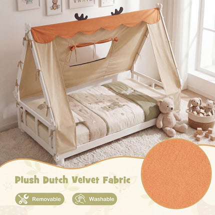 Dreamade Twin Size House Floor Wood Bed with Tent
