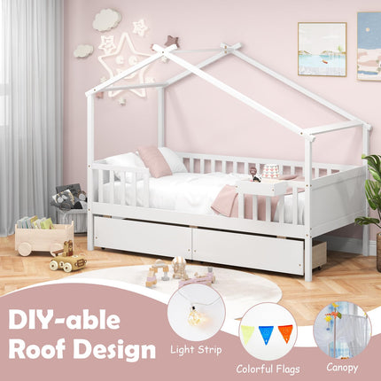 Dreamade Twin House Bed with Drawers, Wooden Twin Bed Frame with Cube Storage & Fence Rails