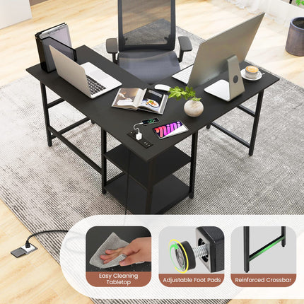 Dreamade L Shaped Desk with Power Outlets & USB Ports, 48" Corner Gaming Desk with 2 Tier Storage Shelves