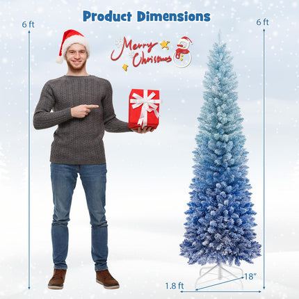 Dreamade 6 FT Blue Gradient Snow Flocked Christmas Tree, Artificial Unlit Hinged Xmas Full Tree with 435 Lush Branch Tips