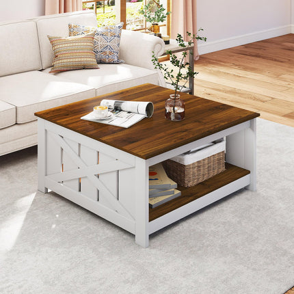 Dreamade Farmhouse Coffee Table 31 Inch Square Wood Coffee Table with Storage Shelf