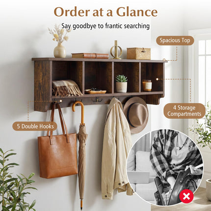 Dreamade Wall Mounted Coat Rack with 4 Cubbies & 5 Double Hooks