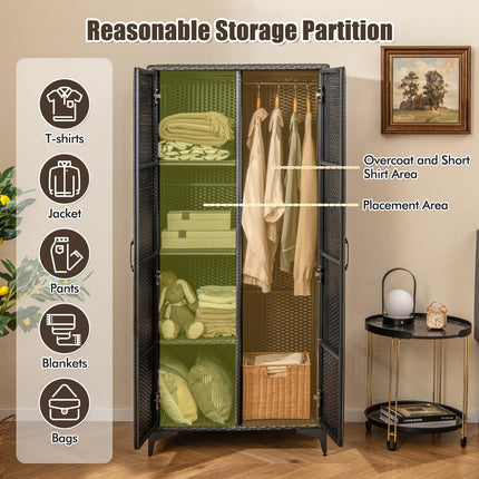 Dreamade Wicker Storage Cabinet, 62” Tall Pantry Cabinet with 2 Doors, Hanging Rod, 4 Storage Cubes