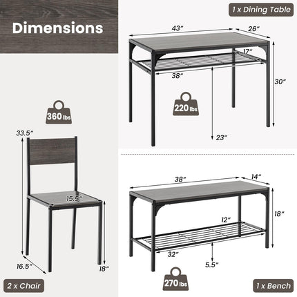 Dreamade Dining Table Set for 4, Kitchen Table with Chairs & Bench, Storage Racks