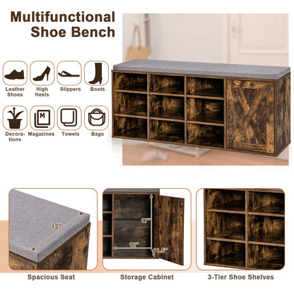 Dreamade Shoe Bench, 3 Tier 9 Cubes Storage Bench with Adjustable Shelves (Rustic Brown)