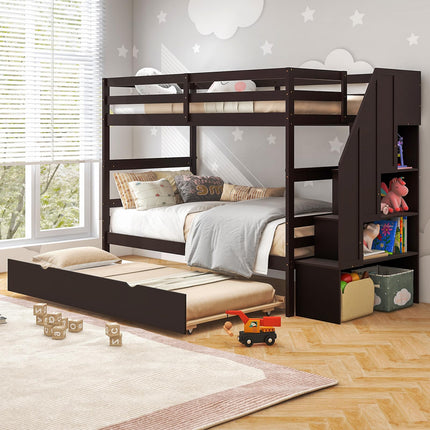 Dreamade Twin Over Twin Bunk Bed with Trundle and Storage Stairs, Solid Wood Bunk Bed Convertible 3 Bed Frames for Bedroom