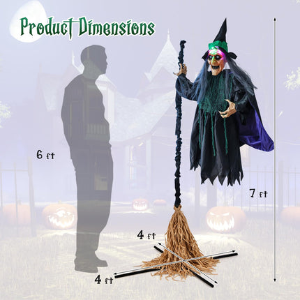 Dreamade Witch with Broomstick Halloween Animatronic, Life Size Animated Halloween Prop with Laughing and Screaming Sound