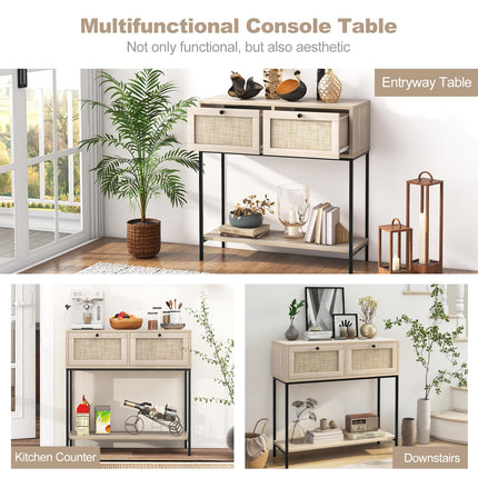 Dreamade Console Table with Rattan Drawers - 31.5" Entryway Table w/ 2 Drawers & Open Storage Shelf