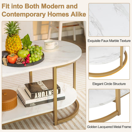 Dreamade White Marble Coffee Table - Modern 2-Tier Center Table w/Open Storage Shelf