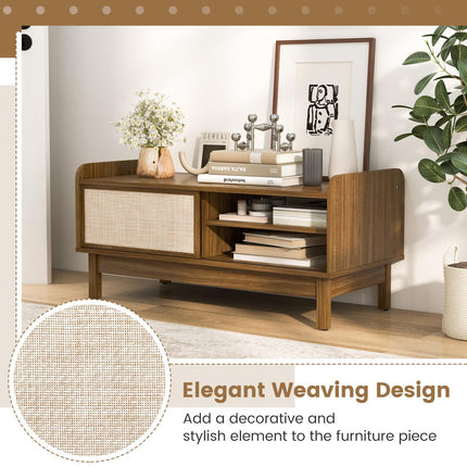 Dreamade Coffee Table with Storage and Sliding Doors, Mid-Century Modern Coffee Table with Adjustable & Removable Shelf