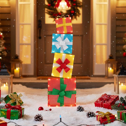 Dreamade 4 Ft Lighted Gift Boxes Stackable, Pre-lit Xmas Boxes Decoration w/LED Lights