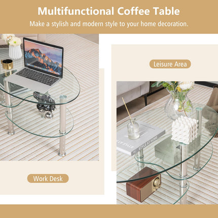Dreamade Oval Glass Coffee Table - 3-Tier Transparent Tempered Glass Center Table with Metal Stand, 35"× 20" ×18"
