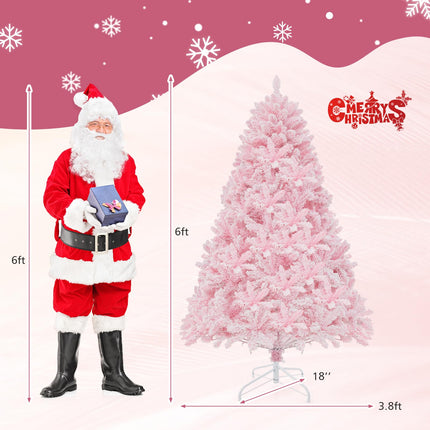 Dreamade 6FT Pink Pre-lit Christmas Tree, Hinged Snow Flocked Artificial Xmas Tree, Seasonal Holiday Decoration for Office Home