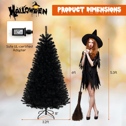 Dreamade 6/7/8 FT Pre-Lit Black Halloween Tree, Artificial Hinged Christmas Tree with 280/380/500 Orange & Purple LED Lights