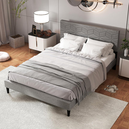 Dreamade Queen/Full/Twin Size Upholstered Bed Frame Modern Platform Bed with Linen Fabric Geometric Headboard