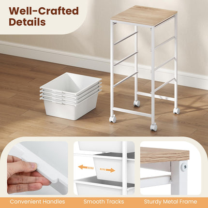 Dreamade 4-Drawer Rolling Storage Cart Mobile Utility Organizer with Wooden Tabletop and Lockable Wheels