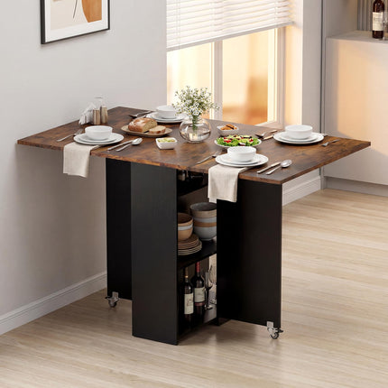 Dreamade 47.5" Folding Dining Table | Drop Leaf Wooden Dinner Table with 2-Tier Storage Shelf and Drawer