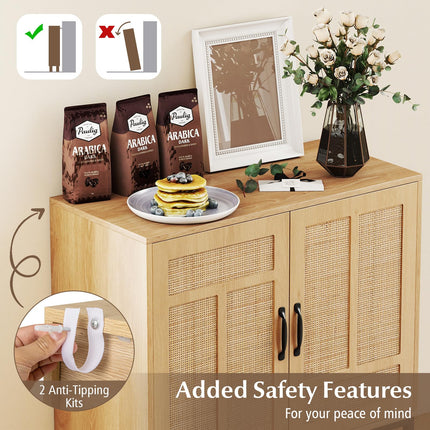 Dreamade Sideboard Cabinet Boho Rattan Buffet Cabinet with Storage Adjustable Shelves 2 Doors