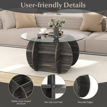 Dreamade 35" Glass Round Coffee Table with Storage Tempered Glass Top & Solid Wood Base