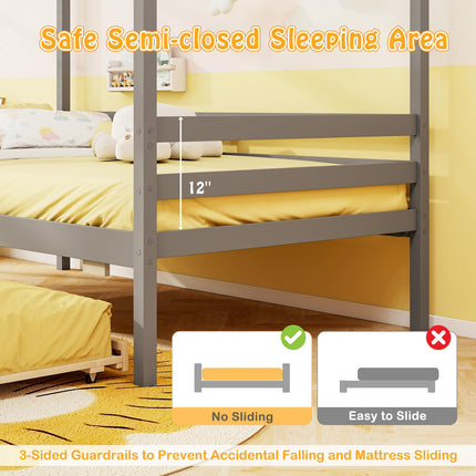 Dreamade Twin House Bed with Trundle Bed Twin, Wooden Twin Bed Frames with Roof, Chimney & Window