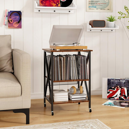 Dreamade Record Player Stand with Charging Station, Turntable Stand with Record Storage & 4 Rolling Wheels