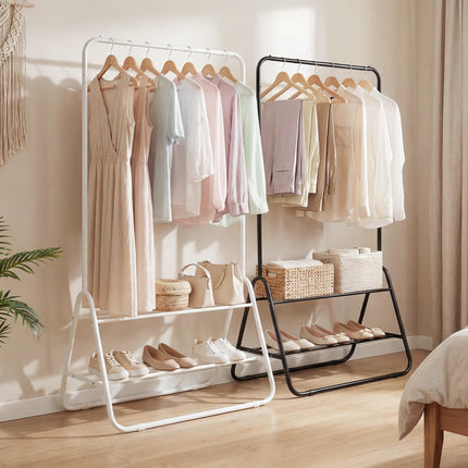 Dreamade Heavy Duty Clothes Rack | Metal Garment Rack with Hanging Rod and Storage Shelves