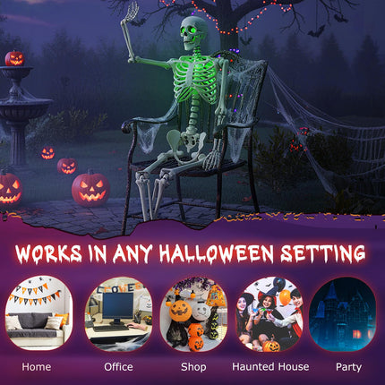 Dreamade 63" Life-Size Posable Skeleton with Green LED Lights Halloween Lighted Skeleton Decoration