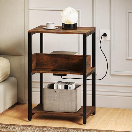 Dreamade Side Table with Charging Station - Industrial 3-Tier Bedside Table w/Open Storage Shelves