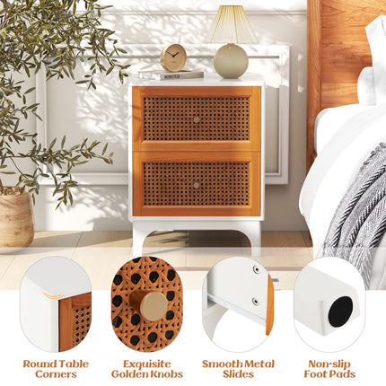 Dreamade Rattan Nightstand with Drawers, Natural Rattan End Table, Cane Accent Bedside Table with Solid Wood Legs for Bedroom