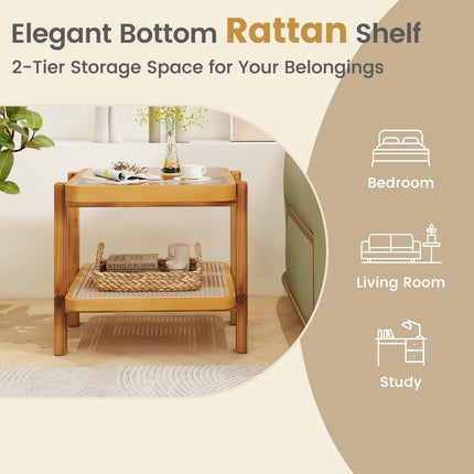 Dreamade Rattan Side Table, Boho End Table for Living Room, Narrow Bedside Table with Tempered Glass Top