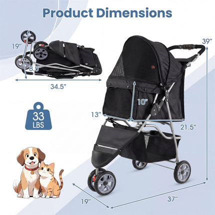 Dreamade 3 Wheel Foldable Dog Stroller for Small Dogs Cats