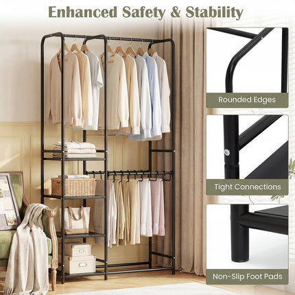 Dreamade Heavy-Duty Metal Clothing Rack with 2 Hanging Rods & 4 Storage Shelves