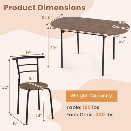 Dreamade 3-Piece Dining Table Set for 2 - Kitchen Table Chair Set with 55” Drop Leaf Dinner Table, Dining Chairs