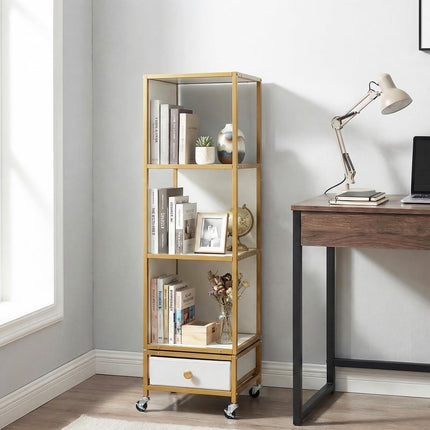 Dreamade 4-Tier Rotating Bookshelf | 360° Spinning Corner Book Shelf Tower W/Removable Fabric Storage Drawer