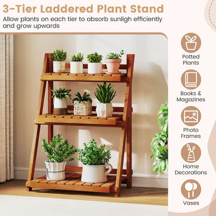 Dreamade Foldable Ladder Plant Shelf 3-Tier Solid Wood Indoor Outdoor Flower Pot Display Rack