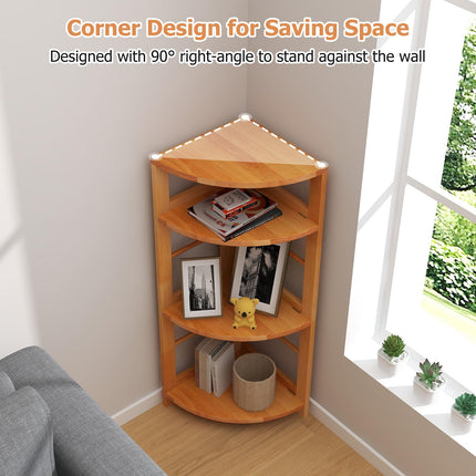 Dreamade 4-Tier Corner Shelf, 34" Bookshelf with Rubber Wood Frame, Anti-Toppling Kit