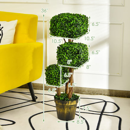 36' Artificial Triple Square Shaped Boxwood Topiary Tree W/ Cement-Filled Plastic Pot - DreamadeUS