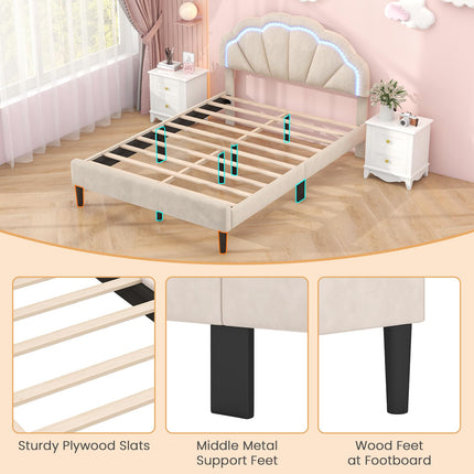 Dreamade Full Size LED Bed Frame, Velvet Upholstered Full Platform Bed with Adjustable Cloud Headboard
