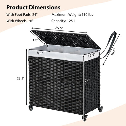Dreamade Laundry Hamper w/Wheels, 3 Section Hamper 125L w/2 Removable Liner Bags