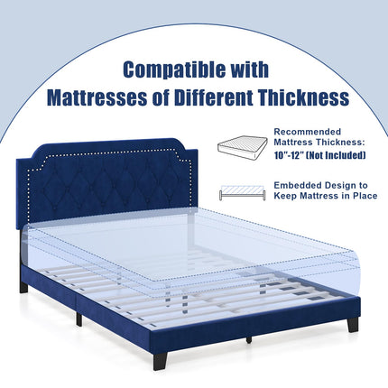Dreamade Velvet Queen Size Bed Frame, Upholstered Platform Bed with Button Tufted & Nailhead Trim Headboard