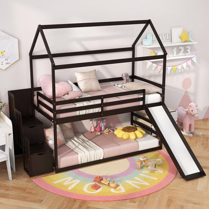 Dreamade House Bunk Bed Twin Over Twin with Slide and Storage Stairs, Solid Wood Low Loft Bed Frame with Roof & Guardrail