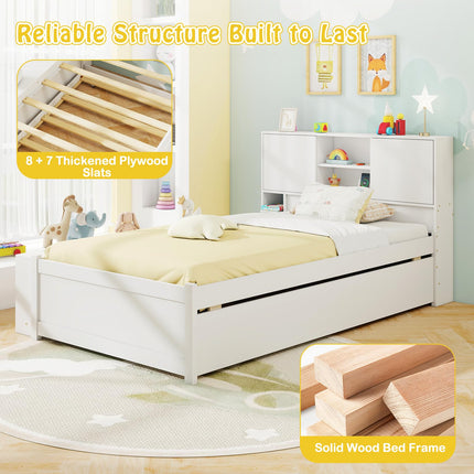 Dreamade White Twin Size Bed Frame with Trundle and Bookcase Headboard
