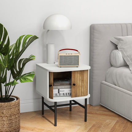 Dreamade Mid-Century Modern Nightstand, Wood Bedside Table with Sliding Doors and 4 Metal Legs